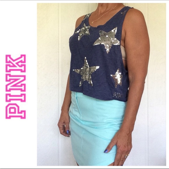 PINK VICTORIAS SECRET SEQUIN STAR MUSCLE TANK TOP SMALL - Picture 2 of 8